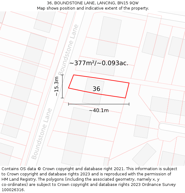 36, BOUNDSTONE LANE, LANCING, BN15 9QW: Plot and title map