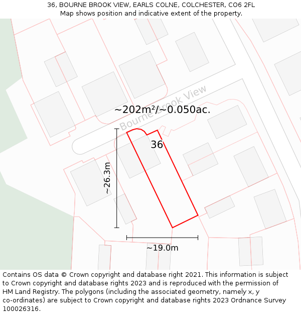 36, BOURNE BROOK VIEW, EARLS COLNE, COLCHESTER, CO6 2FL: Plot and title map