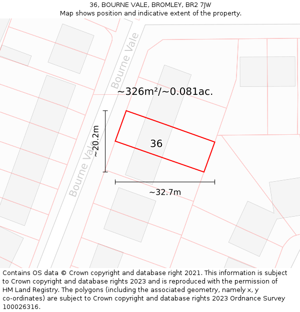 36, BOURNE VALE, BROMLEY, BR2 7JW: Plot and title map