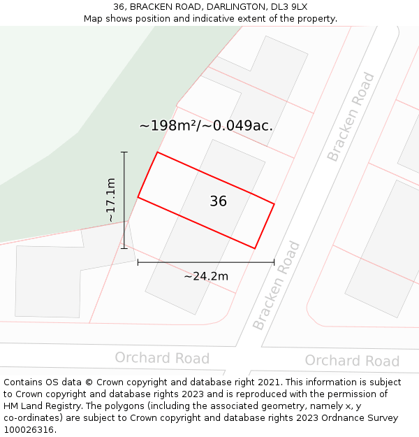 36, BRACKEN ROAD, DARLINGTON, DL3 9LX: Plot and title map