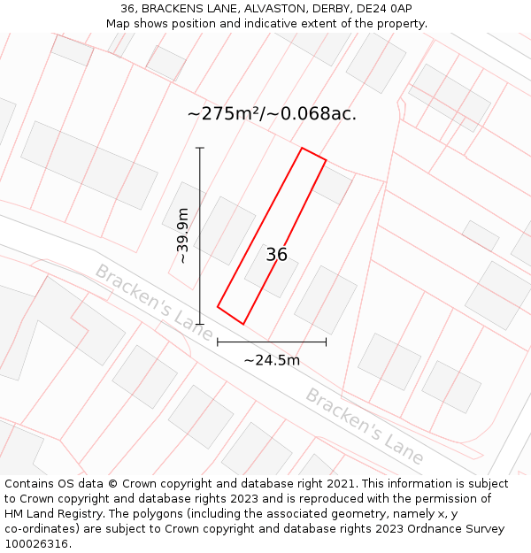 36, BRACKENS LANE, ALVASTON, DERBY, DE24 0AP: Plot and title map