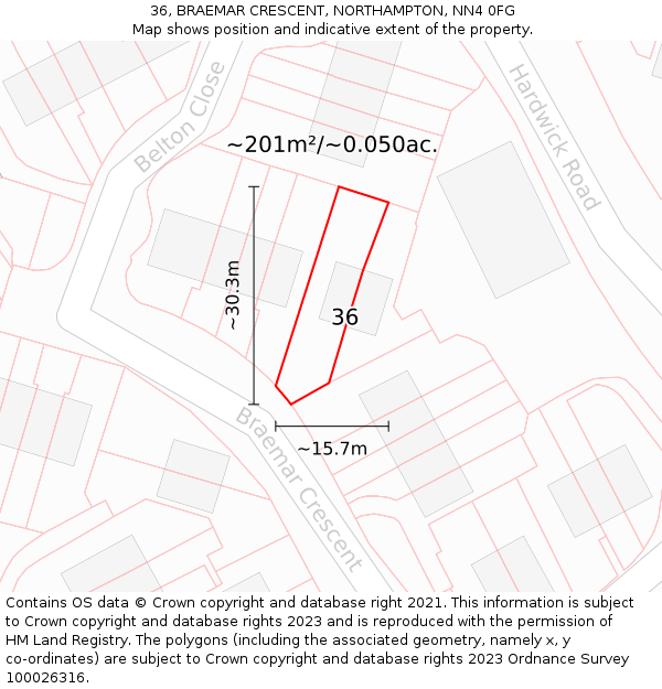 36, BRAEMAR CRESCENT, NORTHAMPTON, NN4 0FG: Plot and title map