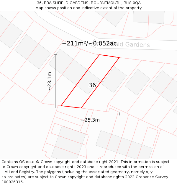 36, BRAISHFIELD GARDENS, BOURNEMOUTH, BH8 0QA: Plot and title map