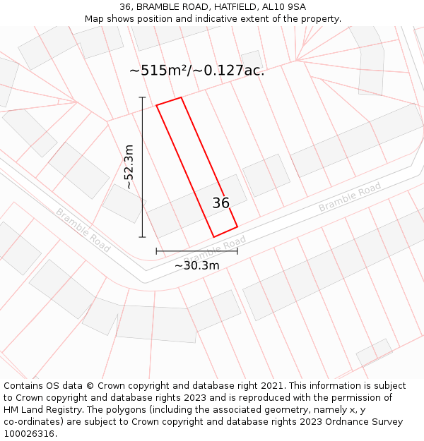 36, BRAMBLE ROAD, HATFIELD, AL10 9SA: Plot and title map