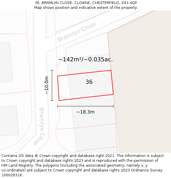 36, BRAMLYN CLOSE, CLOWNE, CHESTERFIELD, S43 4QP: Plot and title map