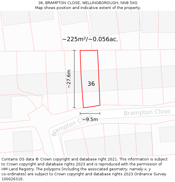 36, BRAMPTON CLOSE, WELLINGBOROUGH, NN8 5XG: Plot and title map
