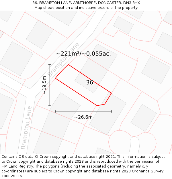 36, BRAMPTON LANE, ARMTHORPE, DONCASTER, DN3 3HX: Plot and title map