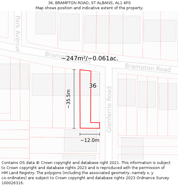 36, BRAMPTON ROAD, ST ALBANS, AL1 4PS: Plot and title map