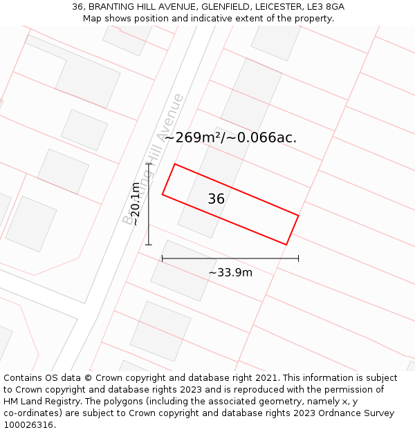 36, BRANTING HILL AVENUE, GLENFIELD, LEICESTER, LE3 8GA: Plot and title map