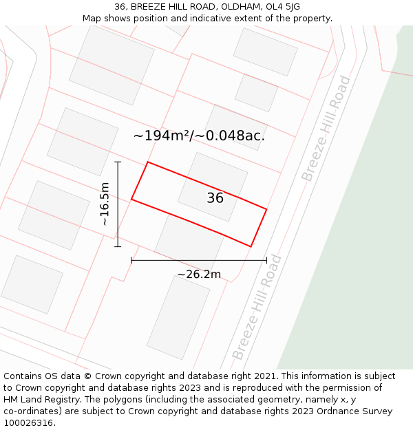 36, BREEZE HILL ROAD, OLDHAM, OL4 5JG: Plot and title map