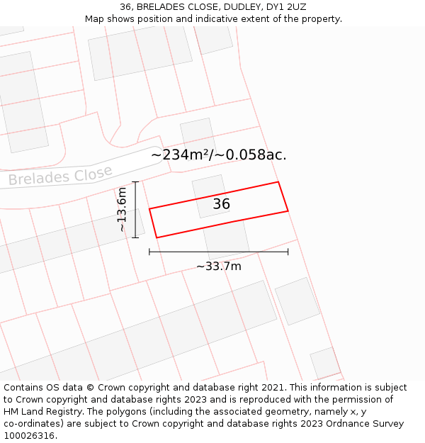 36, BRELADES CLOSE, DUDLEY, DY1 2UZ: Plot and title map