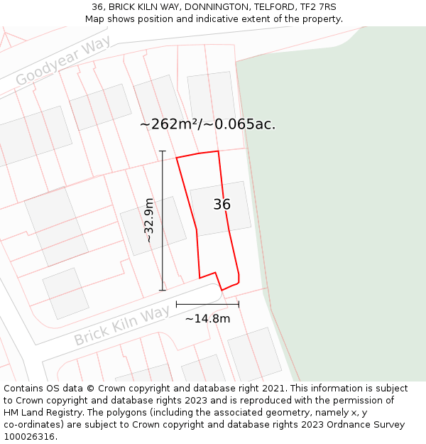 36, BRICK KILN WAY, DONNINGTON, TELFORD, TF2 7RS: Plot and title map