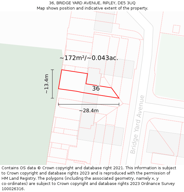 36, BRIDGE YARD AVENUE, RIPLEY, DE5 3UQ: Plot and title map