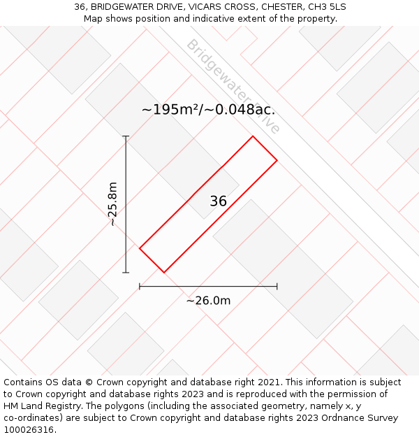 36, BRIDGEWATER DRIVE, VICARS CROSS, CHESTER, CH3 5LS: Plot and title map