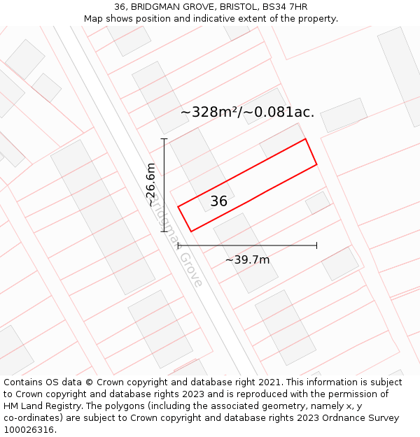 36, BRIDGMAN GROVE, BRISTOL, BS34 7HR: Plot and title map
