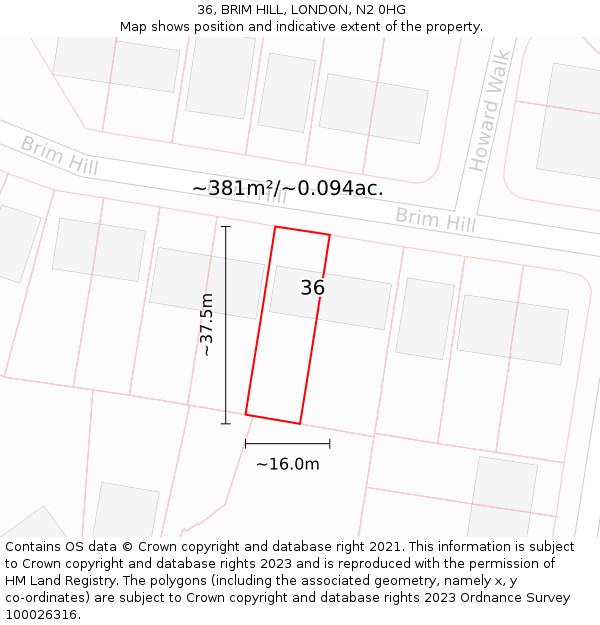 36, BRIM HILL, LONDON, N2 0HG: Plot and title map