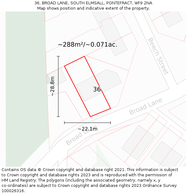 36, BROAD LANE, SOUTH ELMSALL, PONTEFRACT, WF9 2NA: Plot and title map