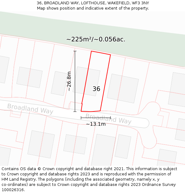 36, BROADLAND WAY, LOFTHOUSE, WAKEFIELD, WF3 3NY: Plot and title map