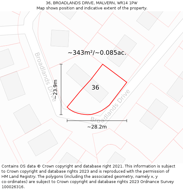36, BROADLANDS DRIVE, MALVERN, WR14 1PW: Plot and title map