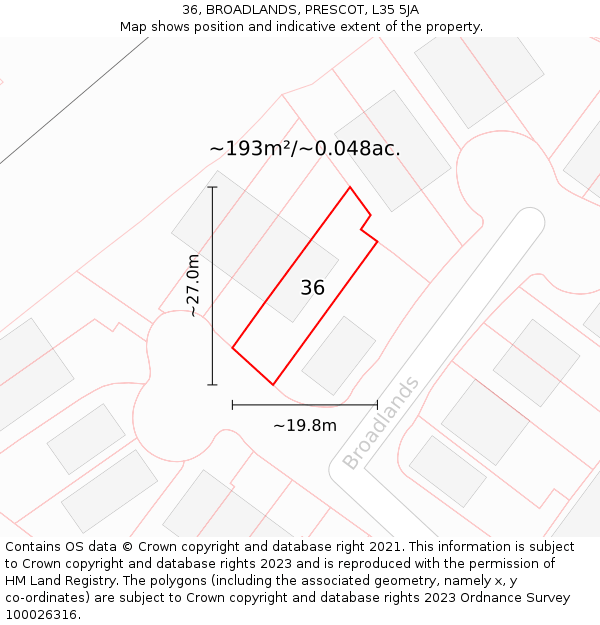 36, BROADLANDS, PRESCOT, L35 5JA: Plot and title map
