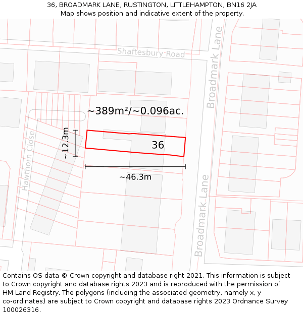 36, BROADMARK LANE, RUSTINGTON, LITTLEHAMPTON, BN16 2JA: Plot and title map