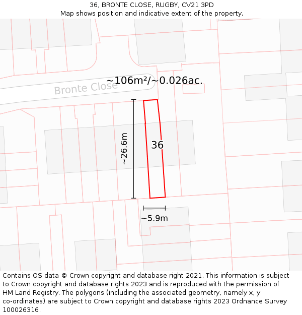36, BRONTE CLOSE, RUGBY, CV21 3PD: Plot and title map