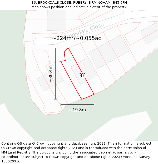 36, BROOKDALE CLOSE, RUBERY, BIRMINGHAM, B45 9FH: Plot and title map