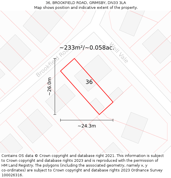 36, BROOKFIELD ROAD, GRIMSBY, DN33 3LA: Plot and title map