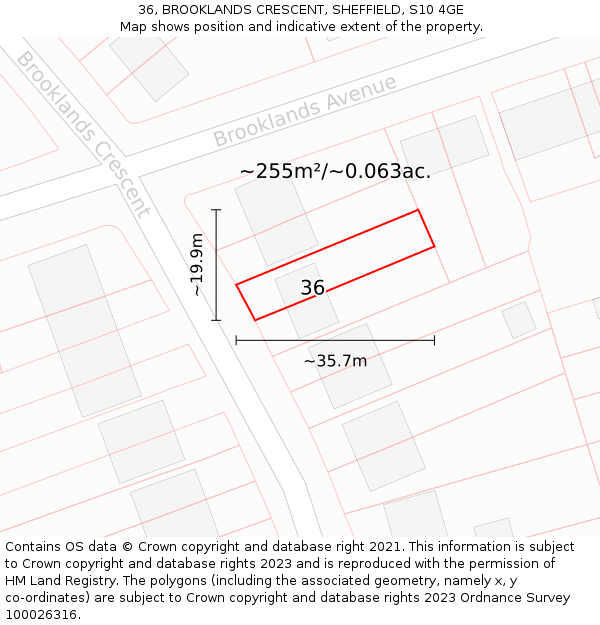36, BROOKLANDS CRESCENT, SHEFFIELD, S10 4GE: Plot and title map