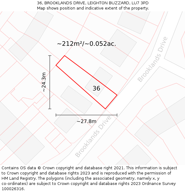 36, BROOKLANDS DRIVE, LEIGHTON BUZZARD, LU7 3PD: Plot and title map