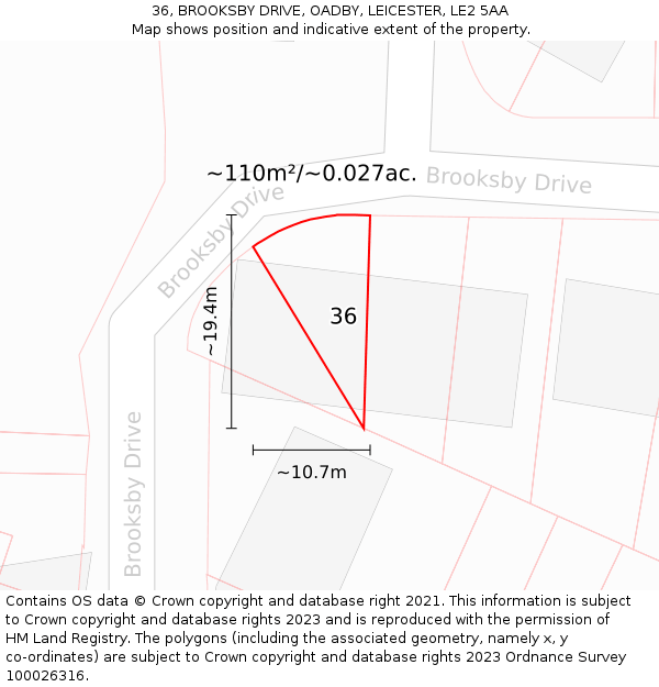 36, BROOKSBY DRIVE, OADBY, LEICESTER, LE2 5AA: Plot and title map