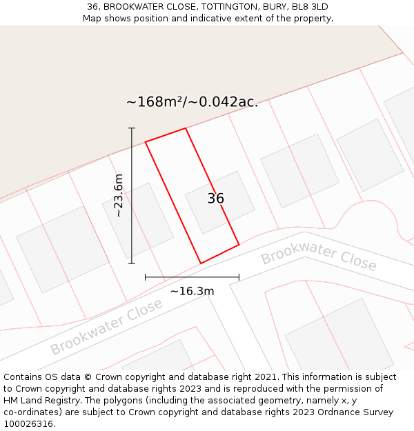 36, BROOKWATER CLOSE, TOTTINGTON, BURY, BL8 3LD: Plot and title map
