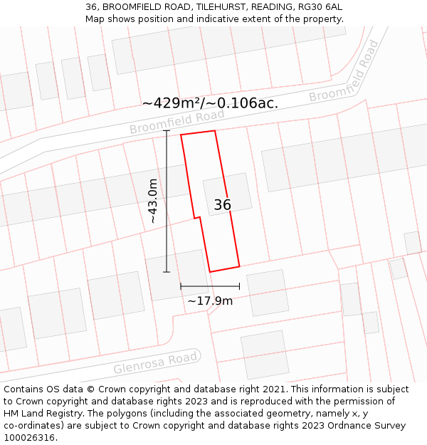 36, BROOMFIELD ROAD, TILEHURST, READING, RG30 6AL: Plot and title map