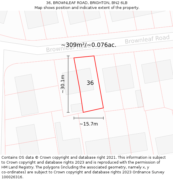 36, BROWNLEAF ROAD, BRIGHTON, BN2 6LB: Plot and title map