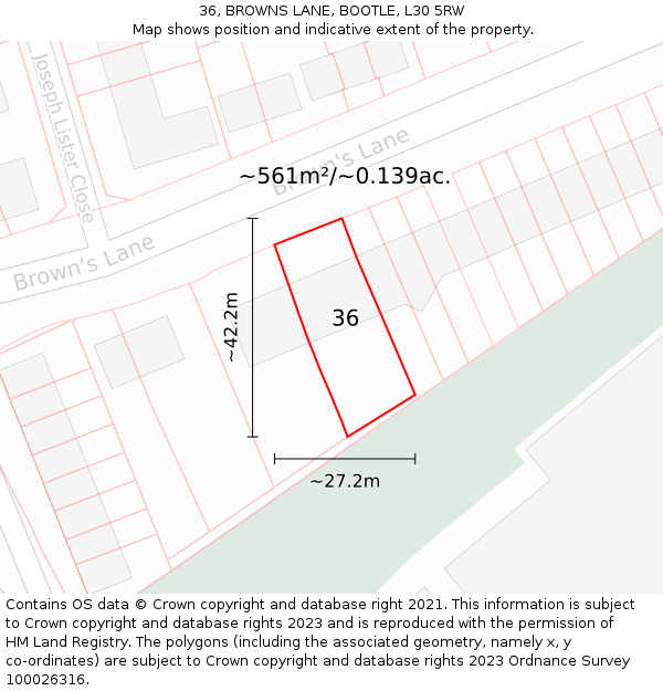 36, BROWNS LANE, BOOTLE, L30 5RW: Plot and title map