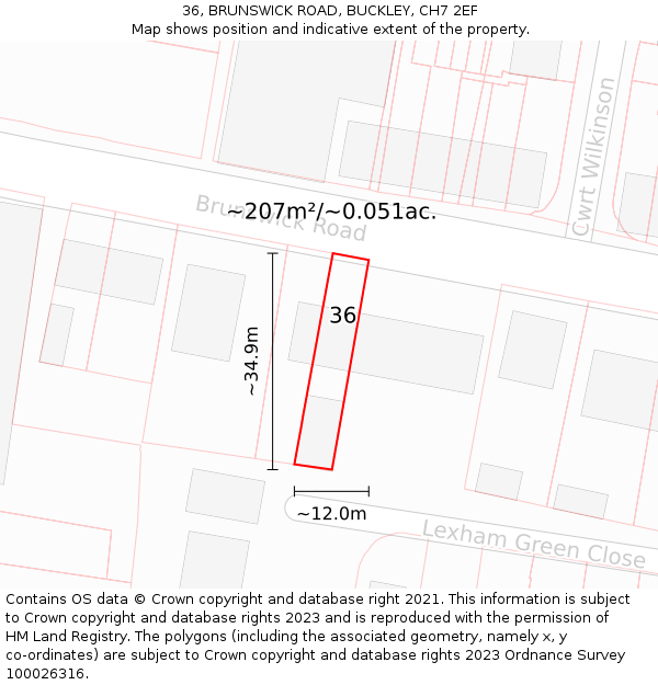 36, BRUNSWICK ROAD, BUCKLEY, CH7 2EF: Plot and title map