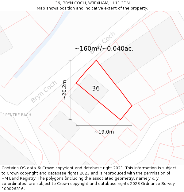 36, BRYN COCH, WREXHAM, LL11 3DN: Plot and title map