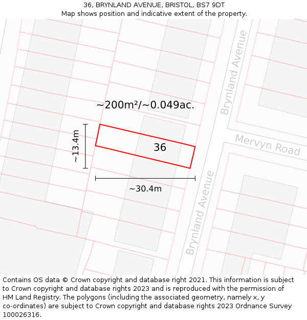 36, BRYNLAND AVENUE, BRISTOL, BS7 9DT: Plot and title map