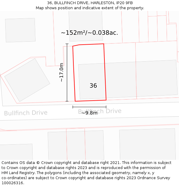 36, BULLFINCH DRIVE, HARLESTON, IP20 9FB: Plot and title map