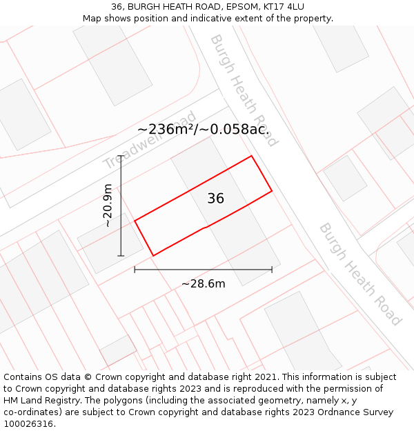 36, BURGH HEATH ROAD, EPSOM, KT17 4LU: Plot and title map
