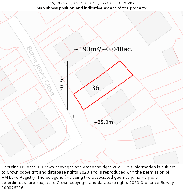 36, BURNE JONES CLOSE, CARDIFF, CF5 2RY: Plot and title map