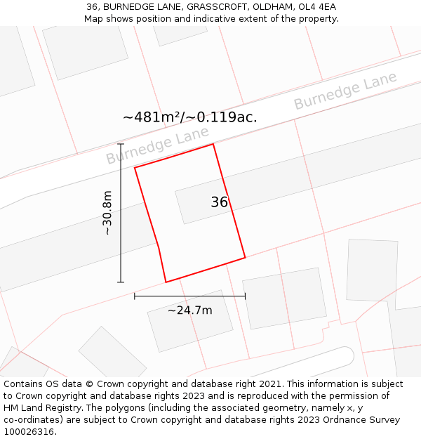 36, BURNEDGE LANE, GRASSCROFT, OLDHAM, OL4 4EA: Plot and title map