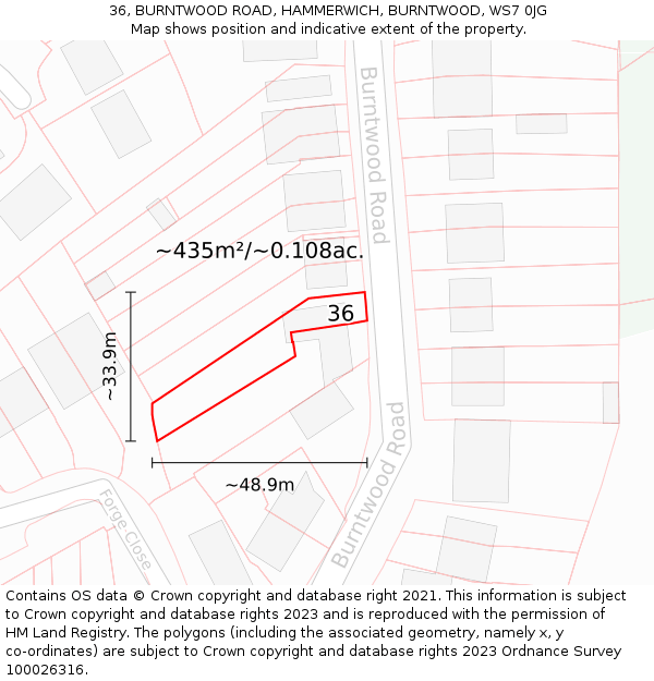 36, BURNTWOOD ROAD, HAMMERWICH, BURNTWOOD, WS7 0JG: Plot and title map