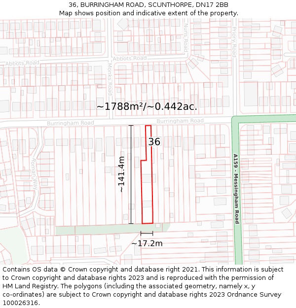 36, BURRINGHAM ROAD, SCUNTHORPE, DN17 2BB: Plot and title map