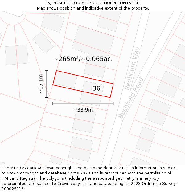 36, BUSHFIELD ROAD, SCUNTHORPE, DN16 1NB: Plot and title map