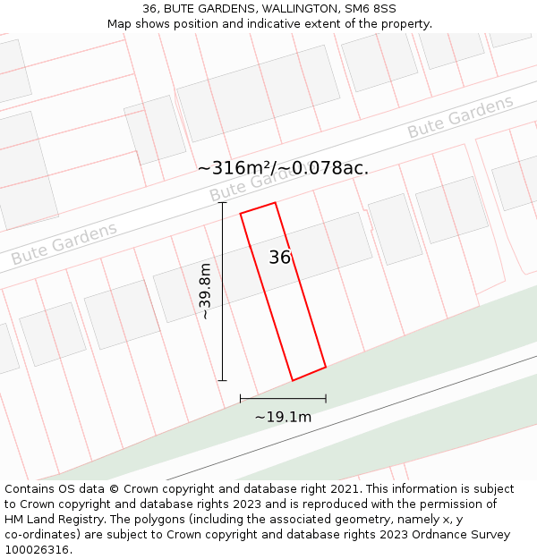 36, BUTE GARDENS, WALLINGTON, SM6 8SS: Plot and title map