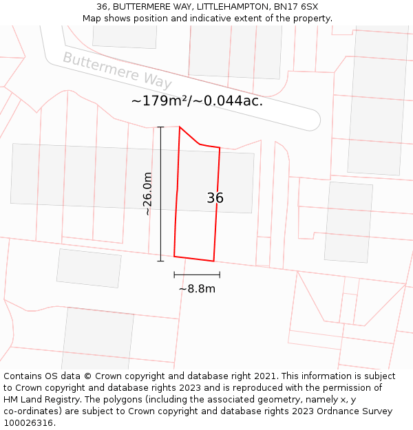 36, BUTTERMERE WAY, LITTLEHAMPTON, BN17 6SX: Plot and title map