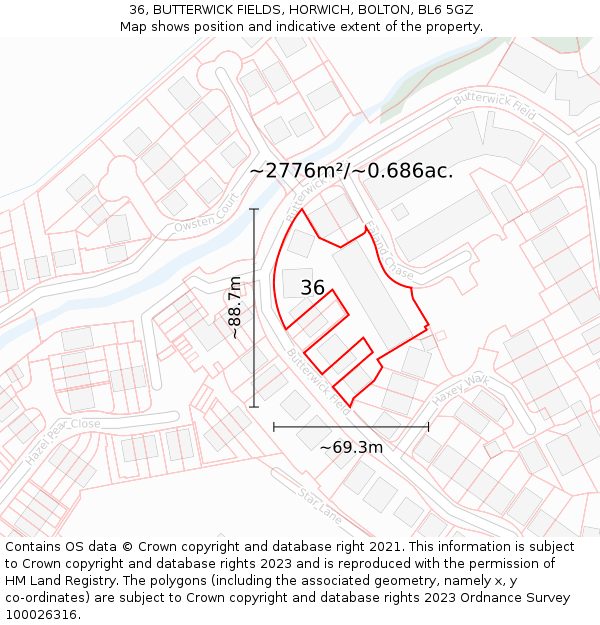 36, BUTTERWICK FIELDS, HORWICH, BOLTON, BL6 5GZ: Plot and title map
