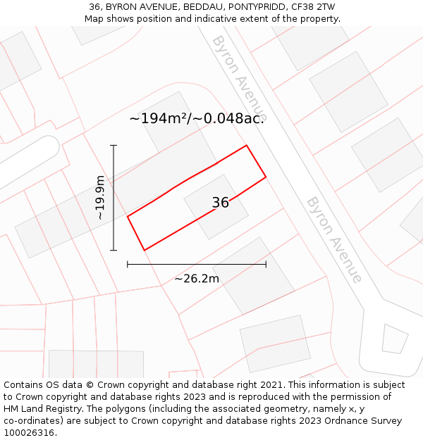 36, BYRON AVENUE, BEDDAU, PONTYPRIDD, CF38 2TW: Plot and title map