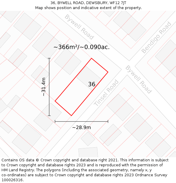 36, BYWELL ROAD, DEWSBURY, WF12 7JT: Plot and title map